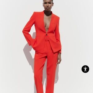 Zara Red Pants With Fabric Covered Belt NWOT